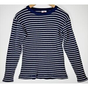 Knotty Woodpecker Farm Knit Thermal Womens Medium Blue Cream Striped Made in USA